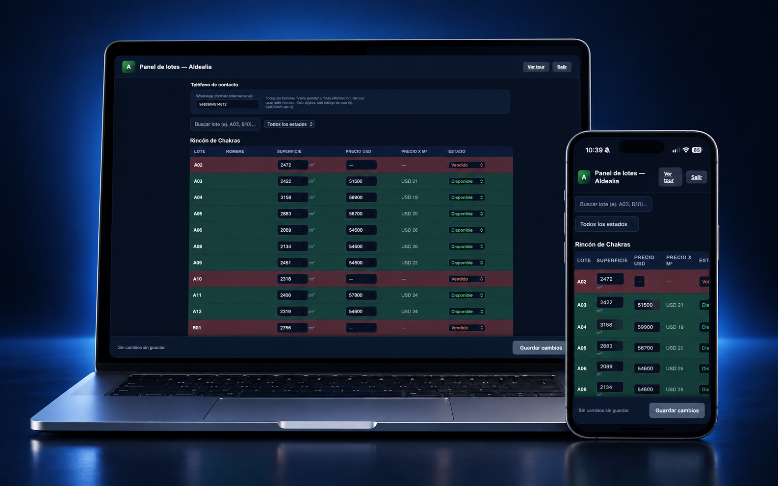 Panel de control de Aldealia en notebook y celular para actualizar lotes, precios y disponibilidad